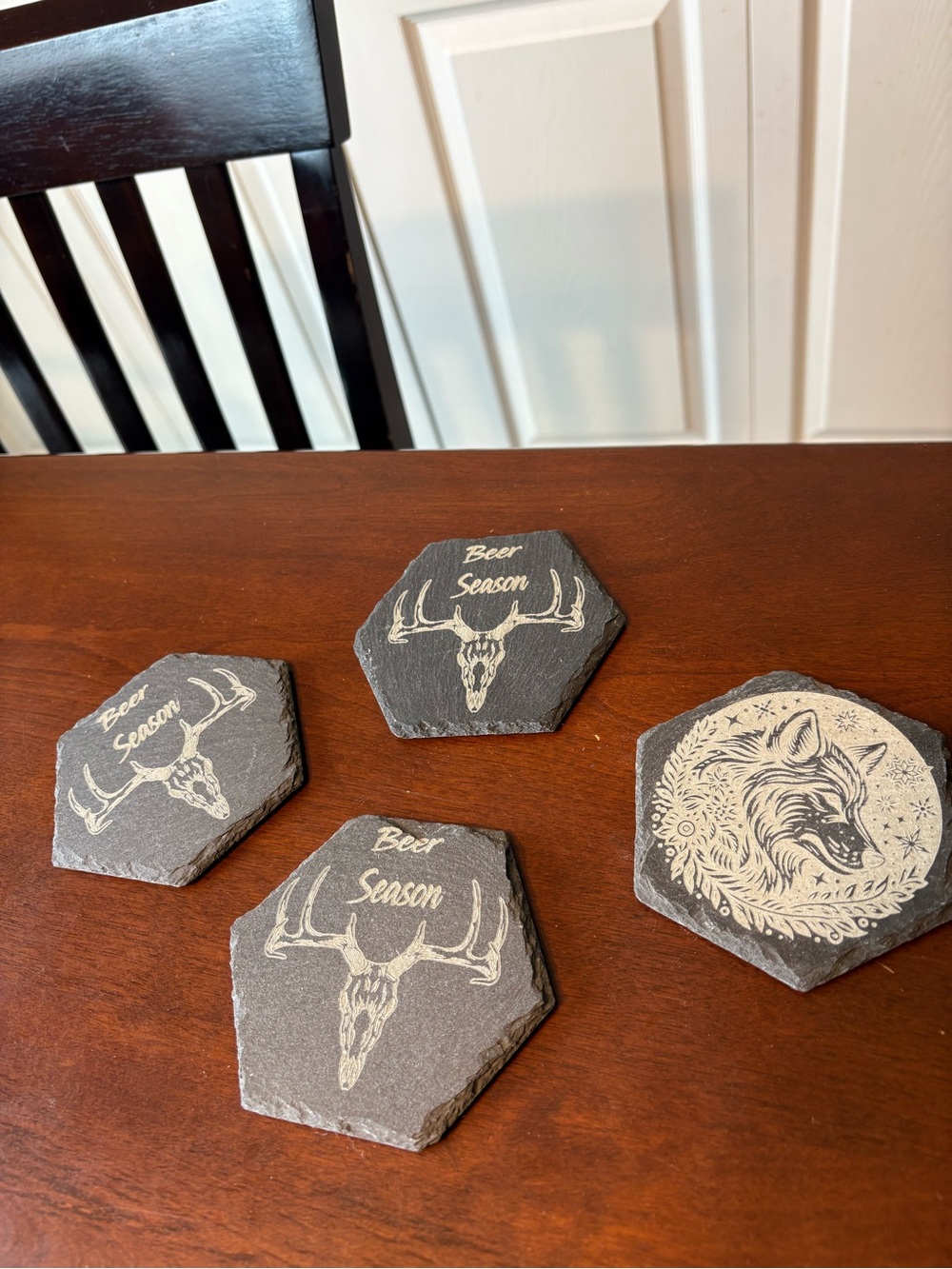 Rustic "Beer Season" Deer Skull & Fox Engraved Slate Hexagon Coasters Set of 4